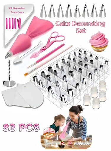 NOOR 83-Piece Premium Cake Decorating Set, Icing Piping Kit with Stainless Steel Tips, Pastry Bags, Turntable &amp; Scraper, Reusable for Arabic Sweets (Kunafa/Baklava), Wedding, Cupcakes, Cookies