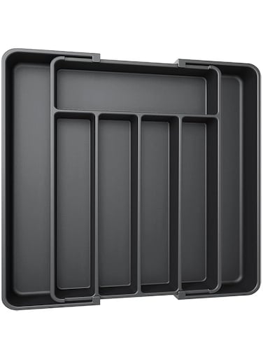 Lomeshow Silverware Organizer, Expandable Cooking Utensil Tray, Adjustable Cutlery Silverware Flatware Holder, Maximize Flatware Storage, BPA Free Flatware and Cutlery Holder, Large (Black)