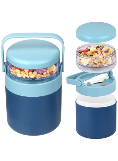 Tazweeq 2-in-1 Insulated Food Jar 570ml+160ml Snack Container, Double Insulated Food Jar with Folding Spoon, Leak Proof Thermo for Hot &amp; Cold Food, Portable Wide Mouth Thermo Insulated Container