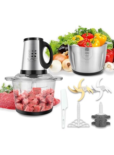 Electric Food Processor, Chooper double bowl 3.8L 350 W multi-functional, Meat and Vegetable Grinder, Two Bowls 3.8L, 350W, 3 Speeds, 2 Pieces set, 4 Two-Tier Blades and Spatula for Baby Food, Meat,