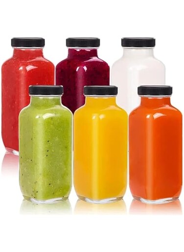 Village Bazar 6 Pack Heavy base Squre Glass Juice Bottles with Lids Reusable Glass Square Beverages Drinking Jars with Tamper-proof Black Caps for Travel Milk Water Tea Honey Kombucha Smoothie Boba,J