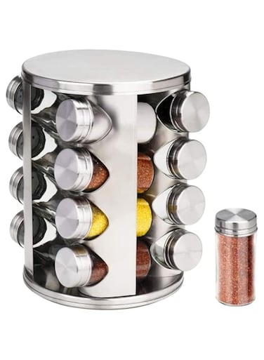 Dubai Gallery Spice Rack 16 Jars Revolving Countertop, Spice Carousel, Spice Tower Organizer Stand Holder All Stainless Steel For Kitchen, Sliver