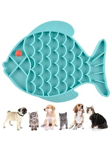 YUNSHANGHT Cat Feeders Slow Feeder Cat Bowl Fish Shape Silicone Puzzle Feeder Kitten Bowl Fun Interactive Feeder Bowl Preventing Pet Feeder Anti-gulping Healthy Eating Diet Cat Bowls (Blue, Fish)