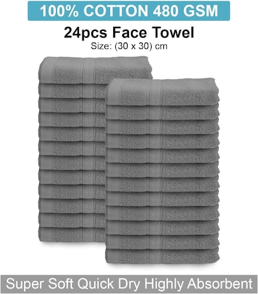 Hotel Linen Klub Ring Spun Face Towel 30x30 cm, 480gsm Super Soft Terry Rich Cotton, Highly Absorbent Quick Dry, Pack of 24 Gray