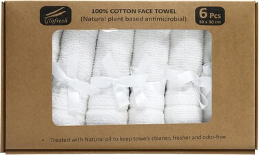 Hotel Linen Klub Glofresh Anti Microbial 100% Cotton Face Towel 6Pcs Set- Size :30 x 30cm,White