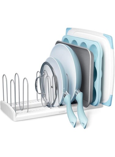YouCopia StoreMore Adjustable Pan and Lid Rack, Pot Lids and Pans Organizer for Kitchen Cabinet Storage, Large (16 inch), White- 50157