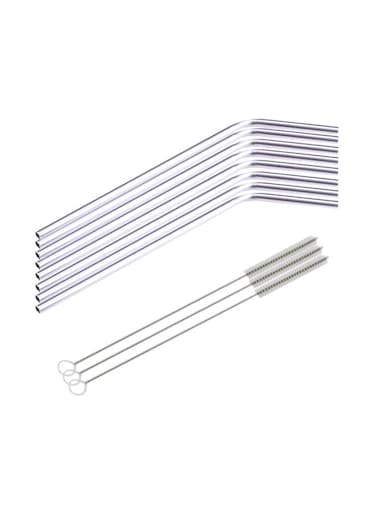 Living 8-Piece Arched Straw With 3 Cleaner Set Silver 20centimeter