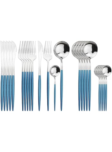 Uniturcky Silver Silverware Set, 24-Piece Stainless Steel Flatware Set Service For 6, Mirror Polished Blue Handle Tableware Cutlery Set Knife Fork And Spoon For Home &amp; Restaurant, Dishwasher Safe