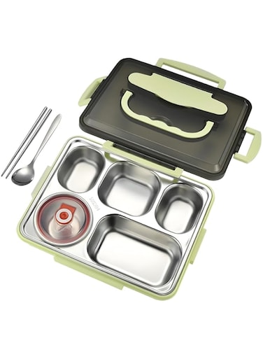 Joyzzz Stainless Steel Bento Box, 5 Compartments Lunch Box Container, Lunch Box for Adults with Spoons and Chopsticks, Leak Proof Food Container for Microwave, Dishwasher Safe, 30&times;24&times;7cm (Green)