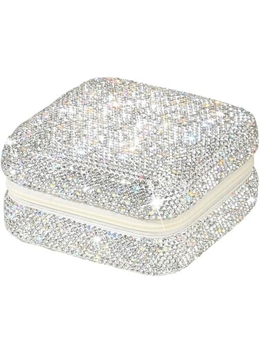 Tazweeq Mini Bling Travel Jewelry Organizer, Portable Small Jewelry Storage Box, Travel Jewelry Case Organizer, Shining White Rhinestone Crystal Jewelry Holder Case, Earrings Necklace Rings Organizer
