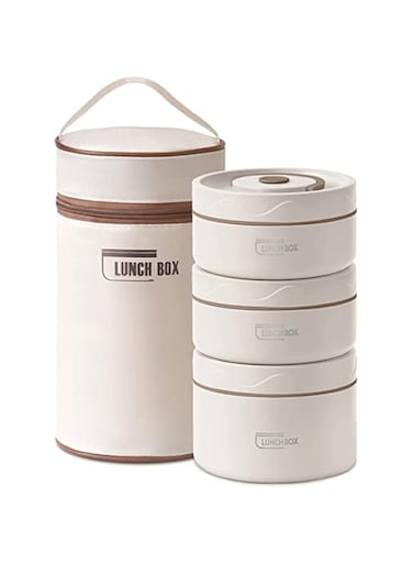 Microwaveable Thermal Lunch Box, Portable Insulated Lunch Containers With Bag, Leakproof Stackable Stainless Steel Food Container For Adults, Kids, Set of 3 Tier Insulated Bento Boxes (beige-a-ae)