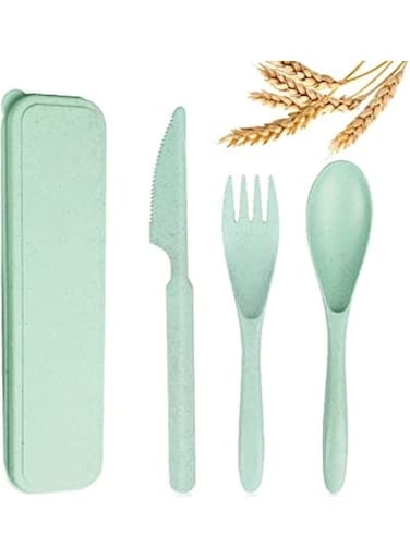 Reusable Travel Utensils Set with Case, Wheat Straw Portable Knife Fork Spoons Tableware, Eco-Friendly BPA Free Cutlery for Kids and Adults as Travel Picnic Camping Utensils ( Green )