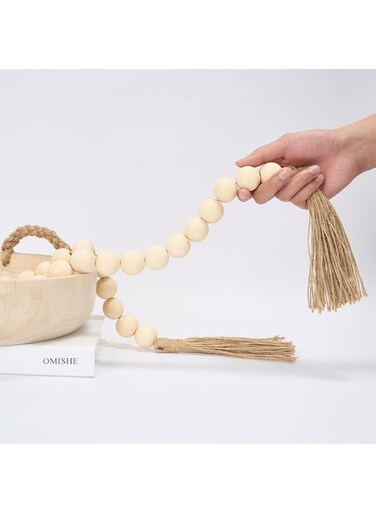 OMISHE 57" Long Large Wood Bead Garland with 1.2" Diameter Wooden Beads and Tassels, Rustic Farmhouse Country Wood Bead Garland for Home Tiered Tray Decor, Decorative Beads, Beige