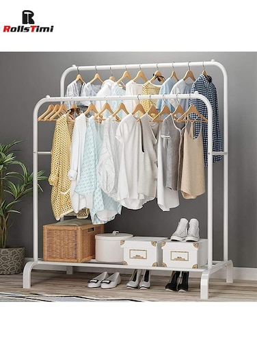 Freestanding Hanger Double Pole Multi-functional Bedroom Clothing Rack, White