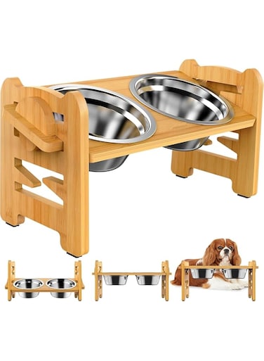 KOWVOWZ Elevated Dog Bowls, Wooden Raised Bowl with Adjustable Stand with 2 Stainless Steel Bowls, 6 Heights Adjustable, Dog Feeding Station for Small Dog and Cat
