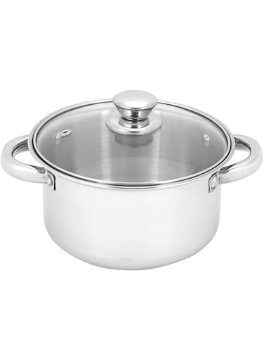 Royalford 18cm Massilia Stainless Steel Stockpot with Glass Lid- RF11591 Perfect for Simmering, Boiling, Steaming, Etc. Kitchen Use, Versatile And Strong Stainless Steel, Silver