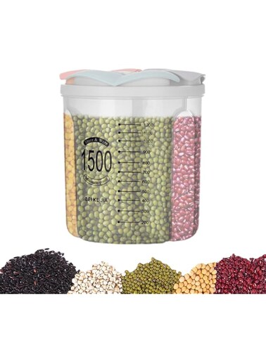 3-Grid Airtight Food Storage Container, Cereal Dispenser with air tight Lid, 1500ml Clear Sealed Jar for Rice, Coffee, Tea, Sugar, Pasta, &amp; Dry Foods &ndash; Kitchen Organizer with Transparent Design