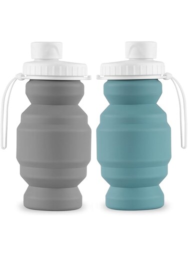 SPECIAL MADE Collapsible Water Bottles Cups Leakproof Valve Reusable BPA Free Silicone Foldable Travel Water Bottle Cup for Gym Camping Hiking Travel Sports Lightweight Durable (green+grey 11oz)