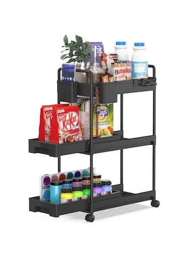 DOOKOO Rolling Storage Cart, Slide Out Bathroom Organizer 3-Tier Laundry Room Organization Shelf Mobile Utility Cart with Hanging Cups, Dividers for Kitchen Bathroom Narrow Spaces (Black)
