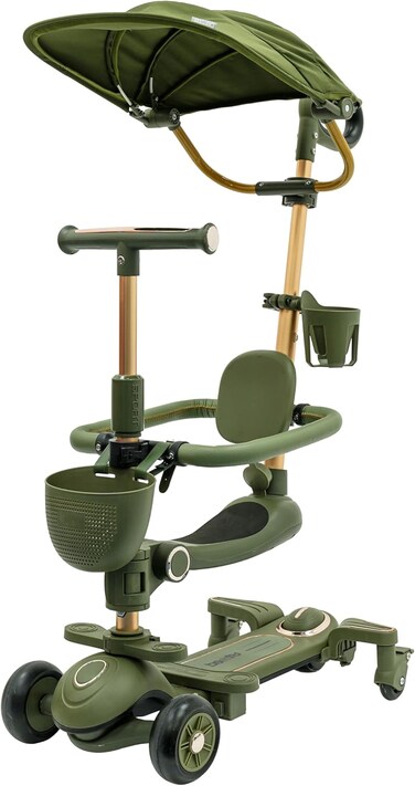Lovely Baby 4-in-1 Toddler Scooter TG 8028  Kids Scooter w/ Adjustable Push Bar and Sun Shielding Canopy, Ages 1-12 Years Old - Green