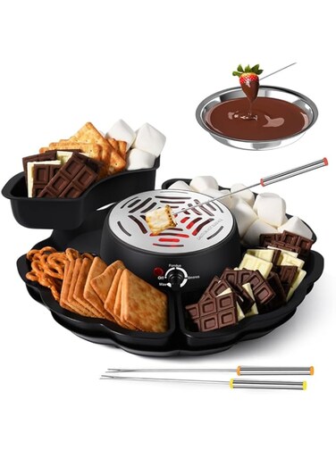 Angju 2 in 1 Electric Fondue Pot, Tabletop Indoor Flameless Electric Marshmallow Roaster with 4 Roasting Forks, 4 Detachable Trays &amp; 1 Flameless Temperature-controlled Heater, Movie Night Supplies