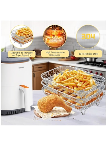 Fryer Rack, Stackable Stainless Steel Air Fryer Basket, 3 Layers Cooling Racks for Oven Press Cooker, Rectangle AirFryer Accessories (7.68"Lx5.31"Hx3.54"H)