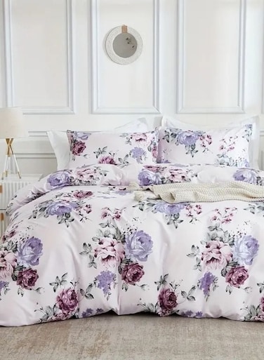 Home King size 6 piece bedding set, white bed linen with purple floral pattern.
