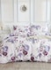Home King size 6 piece bedding set, white bed linen with purple floral pattern.