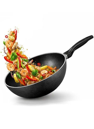 Non Stick Royal Wok, Dia 28 cm, Capacity 5.5 Ltr, Depth 9 cm, High Quality Teflon Coating PFOA Free With Heat Resistant Ergonomic Handle, Authentic Asian Cooking Experience, Durable Design