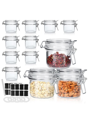 12Pack 7 oz Glass Jars with Airtight Hinged Lids, Small Mason Jars for Kitchen Storage &amp; Canning, Includes 6 Extra Silicone Seals &amp; Writable Chalkboard Labels