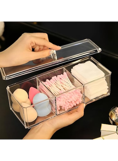 Khazna Rectangle Cotton Bal and Swab Holder, Holder Organizer with Lid, Dustproof, Waterproof, Clear Acrylic 3 Compartment Cotton Pad Container for Cotton Swabs, Make Up Pads, Cosmetics