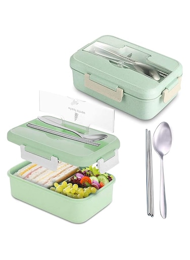 Elifino Lunch Box Bento Box for Adults and Kids &ndash; 40 oz Divided Lunch Container with Spoon and Chopsticks &ndash; Airtight, Leakproof Lunch Box Made of Microwave and Dishwasher Safe Wheat Straw (Green)