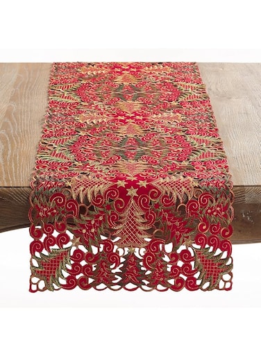 SARO LIFESTYLE QX296.R16108B Panettone Collection Christmas Tree Cutwork Table Runner, 100% polyester, Red