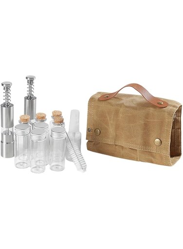 NALACAL Portable Spice Bag, 12 Pieces Camp Kitchen Organizer, Portable Seasoning Bottle Storage Bag, Canvas Travel Seasoning Container, Camping Seasoning Kit with Storage Bag for Travel