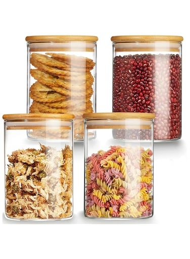 MEETOZ 750ml Set of 4 Glass Jars with Bamboo Lids,High Borosilicate Glass Transparent Airtight Food Storage Tank,Large Capacity Kitchen Food Containers for Spices,Coffee Beans,Oatmeal