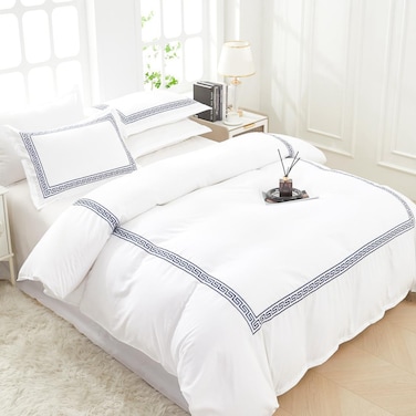 MMM HOME 6-Pieces Embroidered Super King Size Duvet Cover Set ,1 Duvet Cover + 1 Fitted Sheet + 4 Pillow Covers,Elegant Design