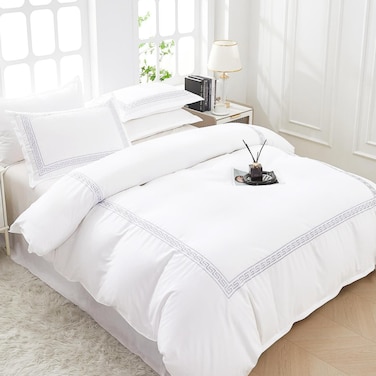 MMM HOME 6-Pieces Embroidered King Size Duvet Cover Set ,1 Duvet Cover + 1 Fitted Sheet + 4 Pillow Covers,Elegant Design