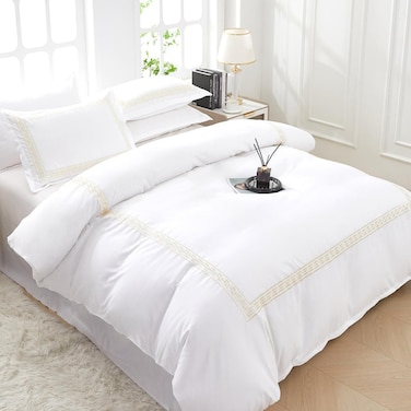 MMM HOME 6-Pieces Embroidered Super King Size Duvet Cover Set ,1 Duvet Cover + 1 Fitted Sheet + 4 Pillow Covers,Elegant Design