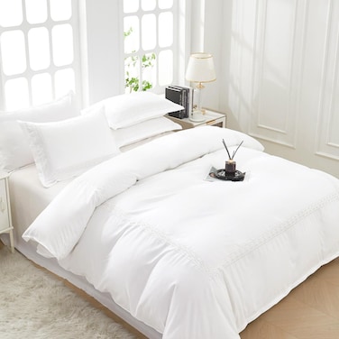 MMM HOME 6-Pieces Embroidered Super King Size Duvet Cover Set ,1 Duvet Cover + 1 Fitted Sheet + 4 Pillow Covers,Elegant Design