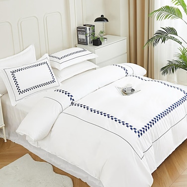 MMM HOME 6-Pieces Embroidered Super King Size Duvet Cover Set ,1 Duvet Cover + 1 Fitted Sheet + 4 Pillow Covers,Elegant Design