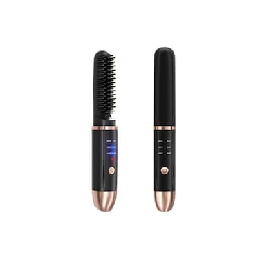 Electric Hair Straightening Brush &ndash; 3 Heat Settings, USB Base, 21.5cm, Black &amp; Rose Gold