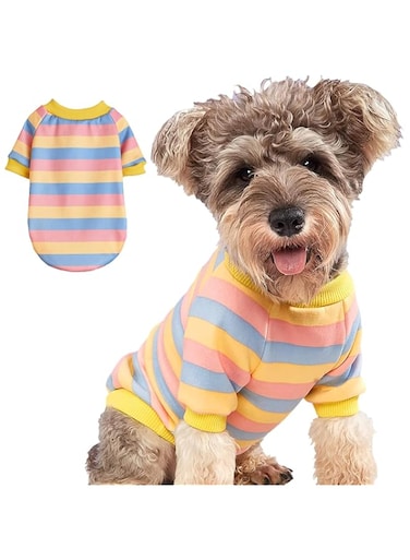 JOUHOI Striped Dog Sweater for Small Dogs Winter Sweatshirt Warm Pet Puppy Clothes Doggie Cat Clothing, Pink Yellow, Large (DST-01)