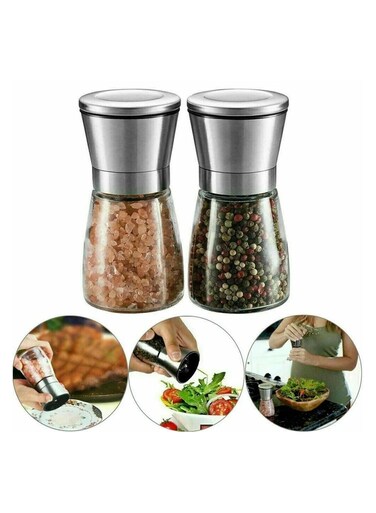 TIME Set of 2 Salt and Pepper Grinder, Adjustable Coarseness Salt and Pepper Mills with Premium Stainless Steel for Sea Salt, Black Peppercorn, Spices(180ml)