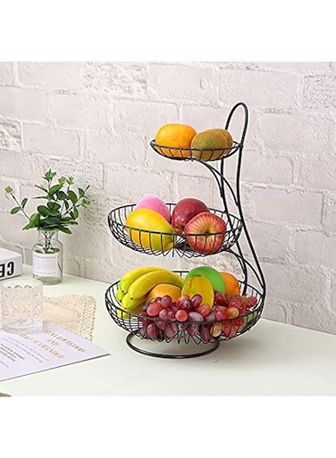 LEDIN Tabletop Fruit Basket,Kitchen Table Counter Organizer Removable Vegetables Storage Metal Stand,Stackable Modern Fruit Basket Stand (Black, 3 Tier)