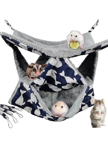 GraGra Pet Cage Hammock, 3-Layer Hamster Hanging Bed, Plush Sugar Glider Cage Chinchilla Swing Nest Sack Warm Ferrets Hideout Accessories Toy for Small Animals Rat Rabbit Squirrel (3-Layer)