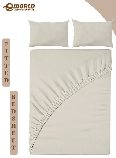 3-Piece Cream Microfiber Fitted Bedsheet Set Includes 1 Deep-Pocket Sheet for a Snug Fit and 2 Pillow Covers, Breathable, Machine Washable for Optimal Protection, Available in King, Queen and Single Sizes
