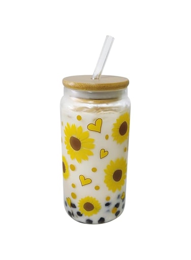 LYMYF Sunflower Iced Coffee Glasses Cup with Bamboo Lids Straw Daisy 16 oz Can Shaped Glass Drinking Cups Ideal for Cocktail, Whiskey, Gift Sunflower Gifts for Women (1)