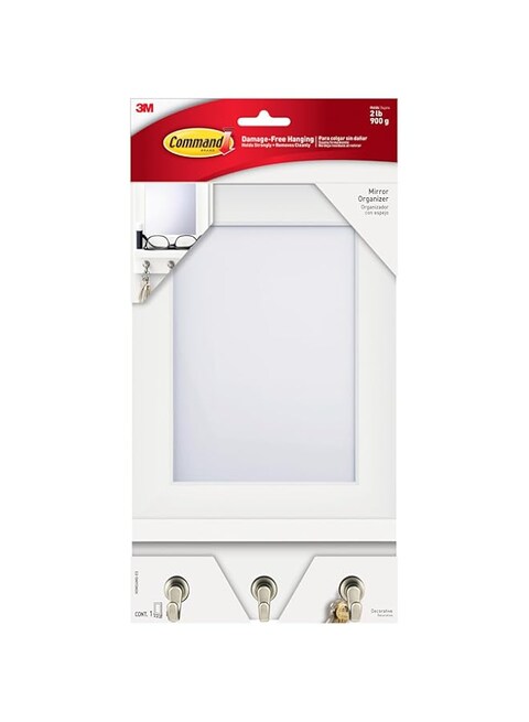 Command Mirror Organizer with 3 Key Hooks and Small Ledge, Holds up to 2 lb, Quartz, Removable Wall Mirror for Entryway or Hallway, Perfect for On-the-go Items