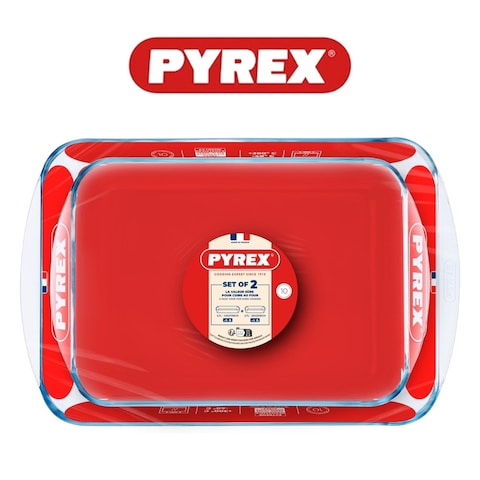 Pyrex Essentials Set of 2 Rectangular Glass Roasters (3.7L+2.6L) for Roasting, Baking, and Cooking