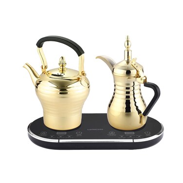 LePresso Electrical Arabic Coffee and Tea Dallah, 750ml Coffee Pot, 800ml Tea Pot, 1600W Power, Over-Heat Protection, Keep Warm Function, 304 Stainless Steel, Gold
